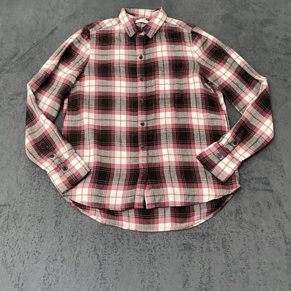 Beach Lunch Lounge Flannel Shirt Womens S Pink Black Plaid Long Sleeve Button Up